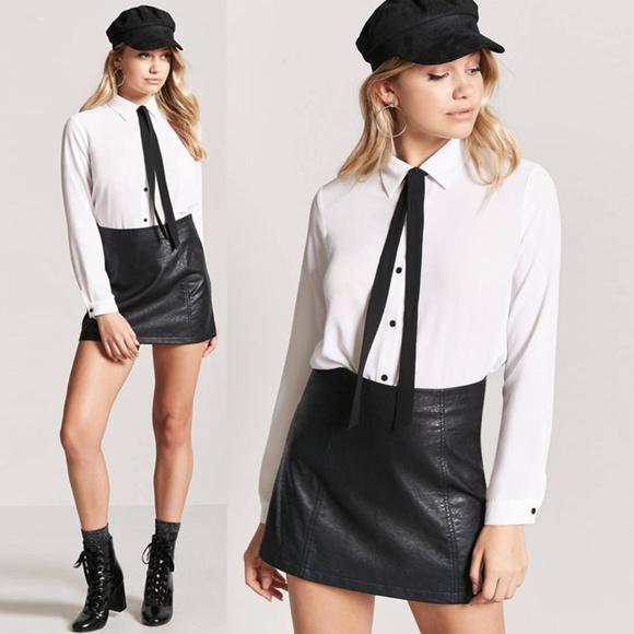 Forever 21 Tops - Off White Bow Tie Button Shirt Chiffon Blouse Top